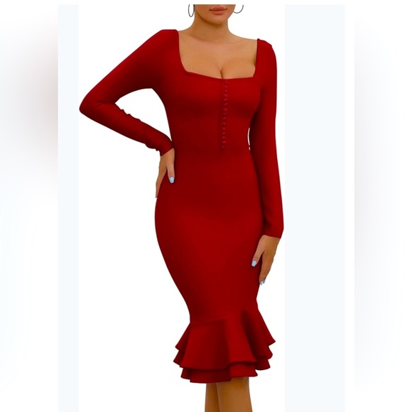Brand new Elegant Red Long Sleeve Bodycon Dress - Picture 4 of 6